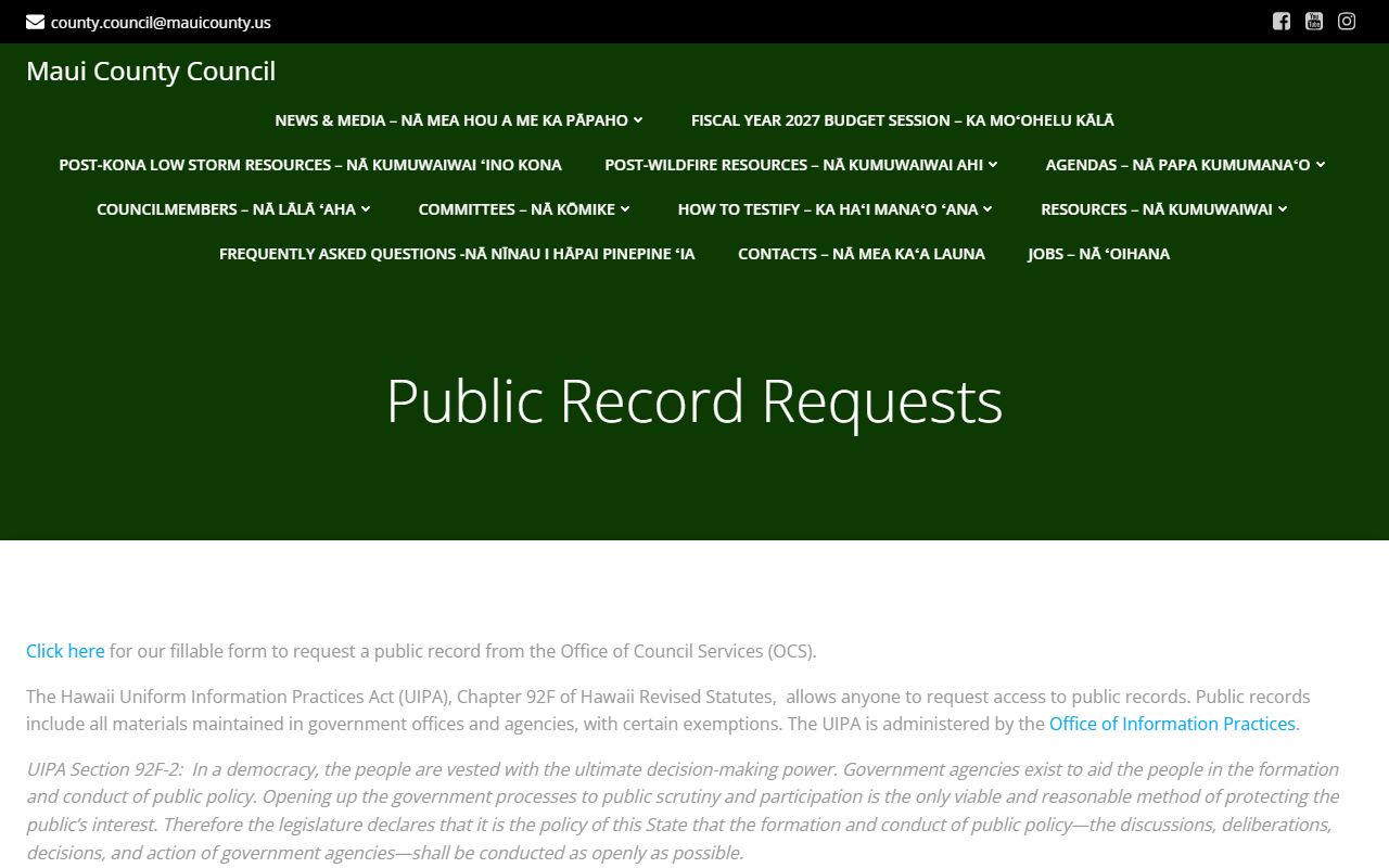 Maui County Residents Directory public records request page