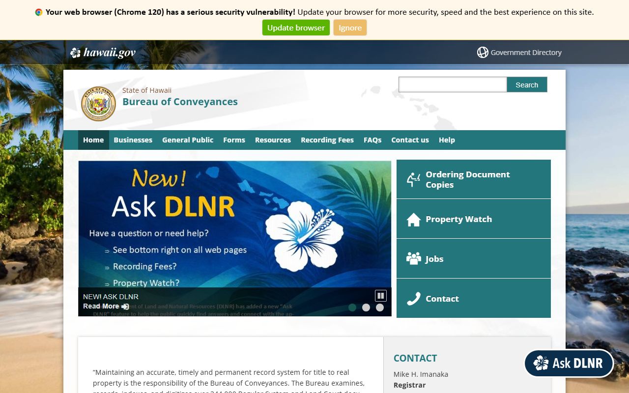 Hawaii Bureau of Conveyances records search for residents directory