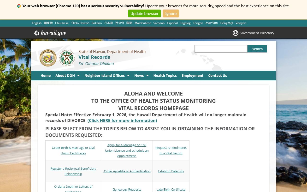 Hawaii State Vital Records office for residents directory searches